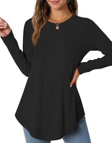JUSTFASHIONNOW Womens Long Sleeve Shirts Crew Neck Casual Basic Blouse Flowy Loose Tunic Tops Fall Fashion 2025