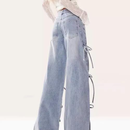 Fashion Casual Straight High Waisted Baggy Jeans Y2K Gradual Patchwork Multiple Drawstring Wide Denim Pants4