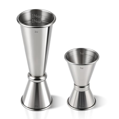 2-Pack Stainless Steel Cocktail Jiggers – Japanese Style Double Measuring Cups for Bartending (1oz/2oz + 0.5oz/1oz)