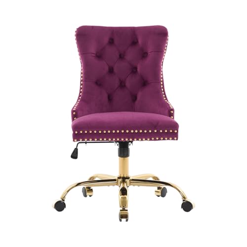 Purple Velvet Home Office Chair with Wheels & Gold Base, Cute Makeup Vanity Chair with Tufted Back for Bedroom, Upholstered Adjustable Swivel Comfy Desk Chair for Girls Women, Purple