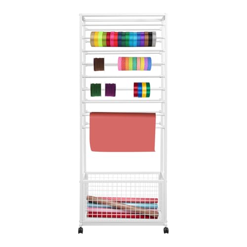 PERFERATE Ribbon Holder Organizer Rack Double Sided 20 Layer Ribbon Holder Rack with Storage Basket and Wheels Multifunctional Flower Wrapping Paper Storage Stand for Craft Room (White)