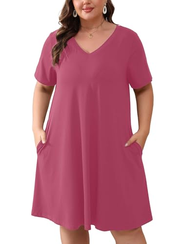 Image of AusLook Plus Size Midi Dress for Women Loose V Neck Short Sleeve Summer Casual A Line T Shirt Sundresses with Pockets 1X-5X