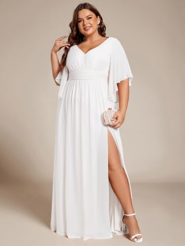 Image of Ever-Pretty Plus Women's Plus Size V Neck Half Sleeves Slit A Line Floor Length Bridesmaid Dress 01886-DA