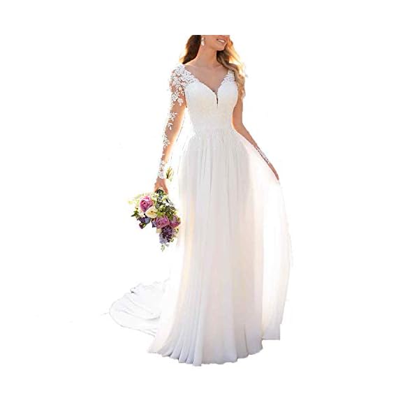 Findlovewedding-Wedding-Dresses-for-Bride-2021-with-Lace-Appliques Findlovewedding Wedding Dresses for Bride 2023 with Lace Appliques Chiffon A Line Women Dress Long Sleeves Beach Bride Dress US14 Ivory