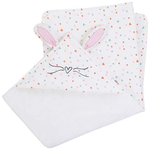ED Ellen DeGeneres Cotton Tail - Soft Plush Multi Color Heart Print Hooded Bunny Baby Blanket with Dimensional Ears & Whiskers, White, Rose, Aqua, Coral Cover