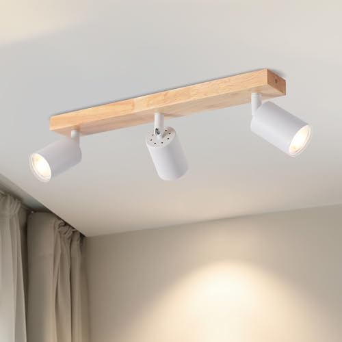 LVWIT Lámparas de techo,GU10 pantalla de luz de madera,3 Way accesorios de luz techos,Lámpara de techo de pared industrial ajustable,Foco de techo para sala de estar(no incluye bombillas)