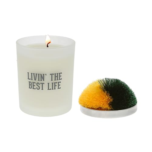 Pavilion Gift Company - Livin' The Best Life - 5.5 oz Glass Frosted White Glass Single Wick 100% Soy Floral Tranquility Scented Wax - Green & Yellow Pom Pom Lid - Sports Lover Fan Enthusiast