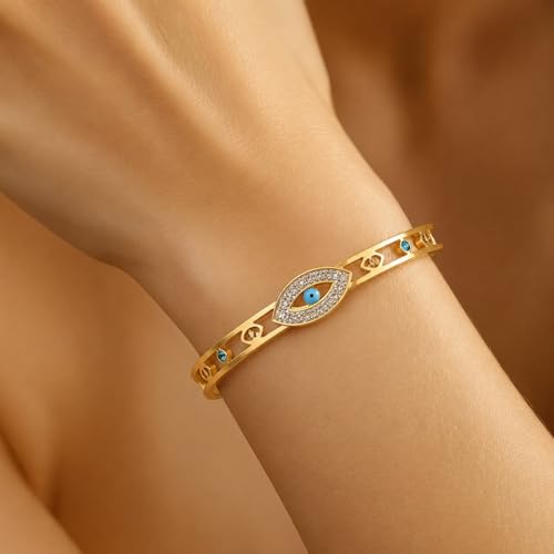 Image of Stylish Gold Plated Bangle for Women | Daily Use Stainless Steel Kada | Anti-Tarnish Waterproof Cuff | Multicolour Crystal Evil Eye | Daily Wear Bracelet For Womens | Premium Gift For Girl