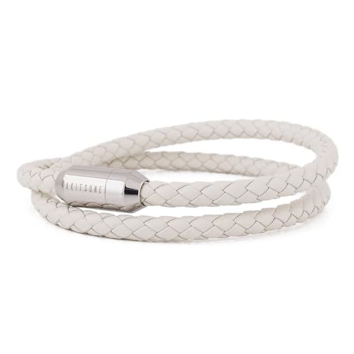 Akitsune Suprema Magnetisches Lederarmband | Armschmuck Damen Herren Edelstahl Doppelt Gewickelt Armband Silber - Weiß 39,00 cm