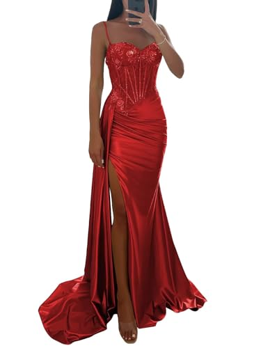 Lace Applique Sweetheart Prom Dresses with Slit Satin Pleated Corset Mermaid Long Evening Gown for Women 2025