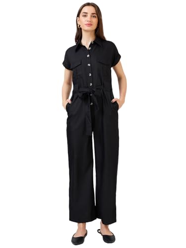 Image of Globus Women Olive Solid Shirt Collar Jumpsuit with Waist Tie-Up-3638458001
