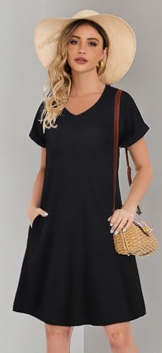 elescat Summer Dresses for Women V Neck Short Sleeve Flowy Tshirt Dress Casual Loose Sundress with Pockets - Image 7