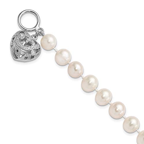 925 Sterling Silver 9mm White Freshwater Cultured Pearl Heart Toggle Bracelet 7.5 Inch Love Fine Jewelry For Women Gifts For Her