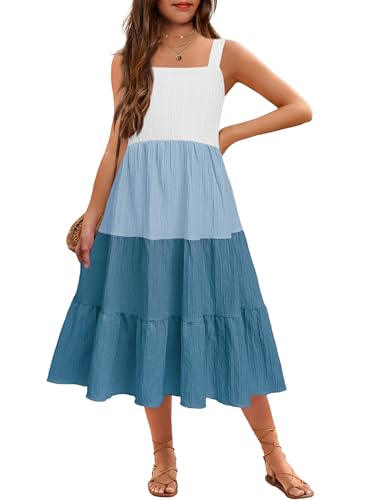 Arshiner Girl Summer Maxi Dress Kids Boho Beach Casual Sleeveless Sundress Strap Maxi Dresses with Pockets Blue Colorblock 7-8 Years