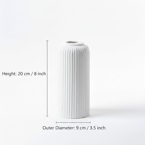 Image of KREATIVE ART'S Modern Ribbed Design Ceramic Flower Vase for Living Room, Flower Pots for Artificial Flower, Home Decoration Item, Home Decor, Vases for Living Room (White, Medium)