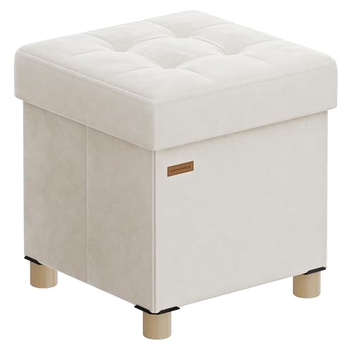 SONGMICS Small Storage Ottoman, Folding Ottoman Cube, 15 x 15 x 15.7 Inches, Footstool, Footrest, 9.8 Gal. (37 L), Velvet Surface, for Bedroom, Living Room, Dorm, Cappuccino Beige ULSF0516W0