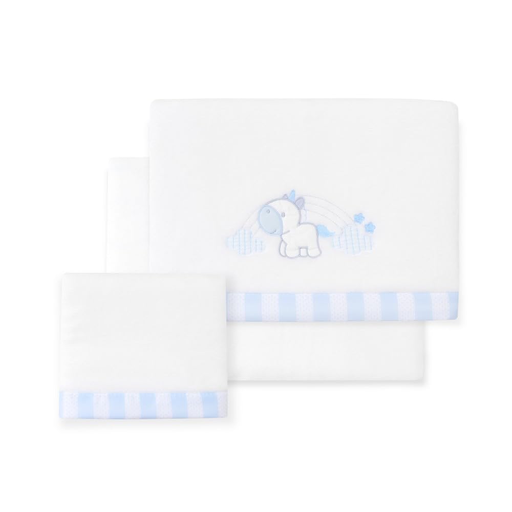 mibebestore Sabanas de Invierno CORALINA Extrasuave MINICUNA 50x80 - (Bajera+encimera+Funda Almohada) - Color: Blanco/Azul- Oferta