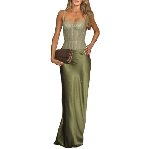 Mandonce Sexy Dresses for Women Sleeveless Lace Corset Top and Silk Maxi Skirt Vacation Outfits Two Piece Sets Summer Dressy Green