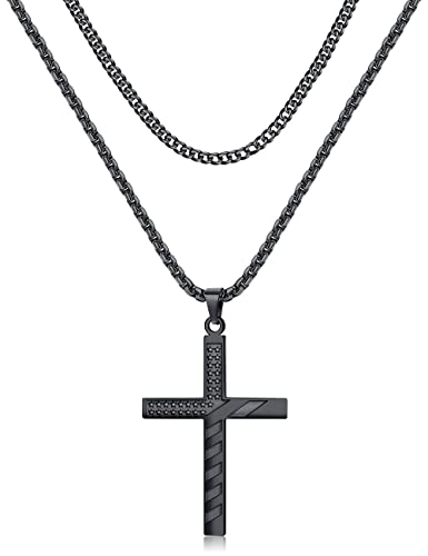 Besteel American Flag Cross Necklaces for Men Women Stainless Steel Layered Chain Bible Verse Pendants Engraved Religious Philippians 4:13 Cross Necklace Jewelry Gifts (BLACK)