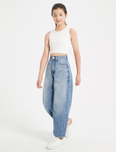 EXARUS Girls Wide Leg Jeans Baggy Barrel Cropped Ankle Length Denim Pants Mid Rise Elastic Band with Pockets Kids 6-14Y3