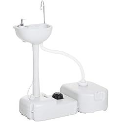 Lavamanos Con Dispensador De Jabon Outsunny Fregadero Portátil Lavamanos para Actividades al Aire Libre o Camping con Tanques de Recuperación de Agua 17 L Dispensador de Jabón Y 2 Ruedas HDPE 83x50x103 cm Gris Claro