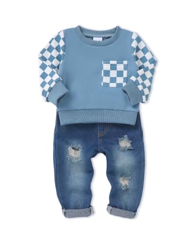 Image of NZRVAWS Toddler Baby Boy Clothes Pullover Sweater Ripped Jean Sweatsuit Little Boy Outfit Fall Winter Clothing Set 6M-7T