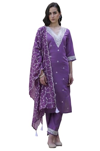 Image of VredeVogel Women's Silk Blend Kurta Pant Set with Chanderi Embroidery Work Dupatta
