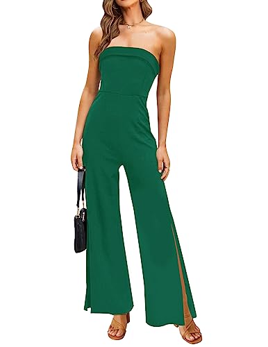 ZESICA Women's Strapless Jumpsuit Casual Off Shoulder High Waist Wide Leg Side Slit Long Romper Playsuits with Pockets,DarkGreen,Small