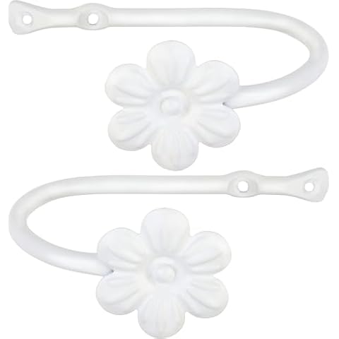 RTZEN White Small Curtain Holders for Wall - Farmhouse Curtain Hooks for Drapes - Creative White Curtain Tiebacks - Wrought Iron Drapery Curtain Holdbacks - Unique Metal Tie Backs for Curtains - 2 Pcs Cover