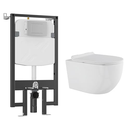Eridanus Wall Hung Toilet with Tank, 2x4 In-Wall Toilet Tank Carrier, Wall Mounted Toilet Combo Set, Dual-Flush Plate Included, Floating Bowl With Soft-Close Seat, Glossy White, 2 Separate Packages