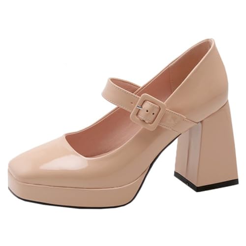 Alyaafifa High Heel Platform Pumps for Women Ankle Strap Chunky Heel Mary Janes Square Closed Toe Leather Suede Dress Shoes Office Lady Party Event Prom Wedding