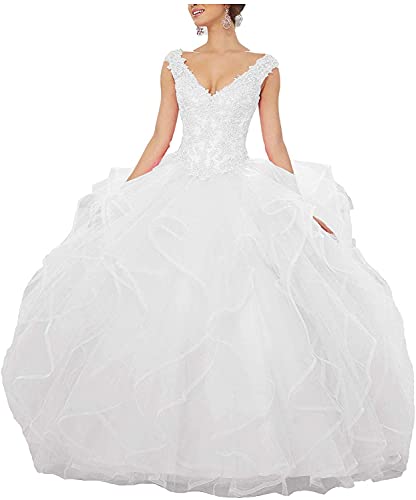QXMYOO Women Ball Gown Prom Dresses White Long Poofy Fluffy Quinceanera Party