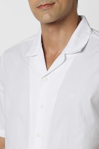 Image of Peter England Men's Casual Half Sleeve Resort Collar Shirt in 100% Cotton Seersucker with Striped Design