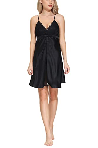 OSCAR ROSSA Women's Sexy 100% Mulberry Silk Slip Chemise with Silk Chiffon Inside Front Slit, Solid Black, M