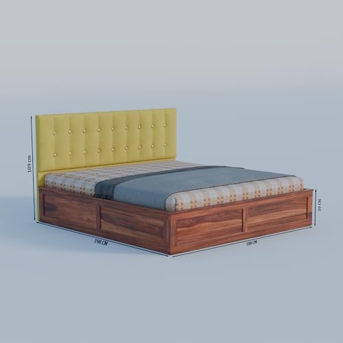 Image of Sheesham Wood King Size Bed With Storage Box | Upholstered Beds | Platform Cot With Cushioned Headboard | Double Bed For Home | Recommended Mattress 78x72 Inch | Mustard Yellow & Honey Finish