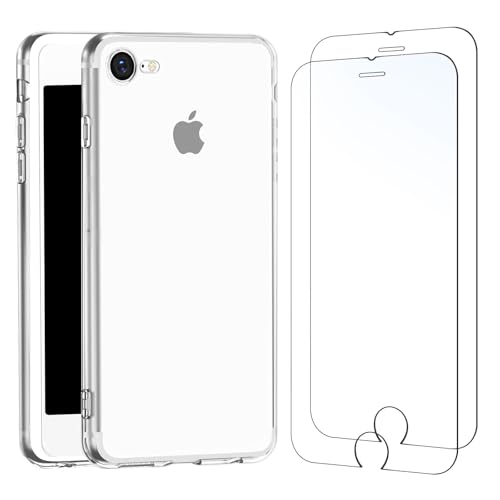 NEW'C Cover per iPhone 8/7 (4,7 Pollici) Gel TPU in silicone custodia ultra trasparente e 2 × vetro temperato per iPhone 7 e iPhone 8 (4,7 Pollici), Pellicola proteggi schermo