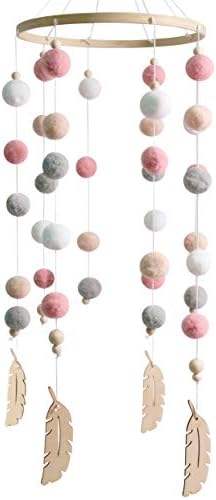 AONTUS Baby Crib Mobiles Wooden Wool Beads for Children Boys Girls Babies Bed Room Decoration (White Pink Ball-173.7in)
