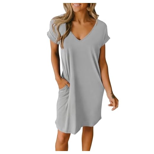 BTFBM Women V-Neck Short Sleeve Summer Dresses 2023 Spring Casual Loose T-Shirt Tunic Short Dress Pajamas with Pockets(Grey, Large)
