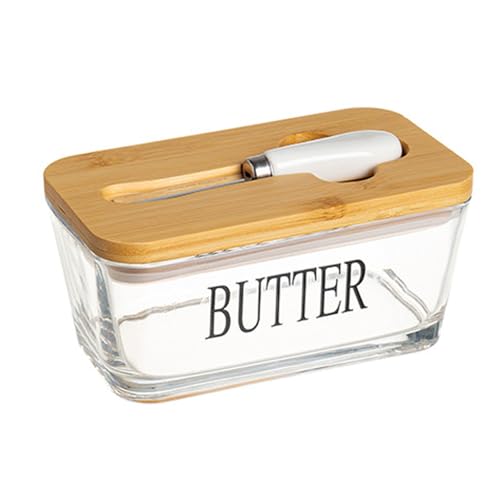 AVITONG Glass Butter Dish with Lid and Spreader, 600ml Large Capacity Butter Keeper with Bamboo/Walnut Wooden Lid, Stackable Storage Container Yellow