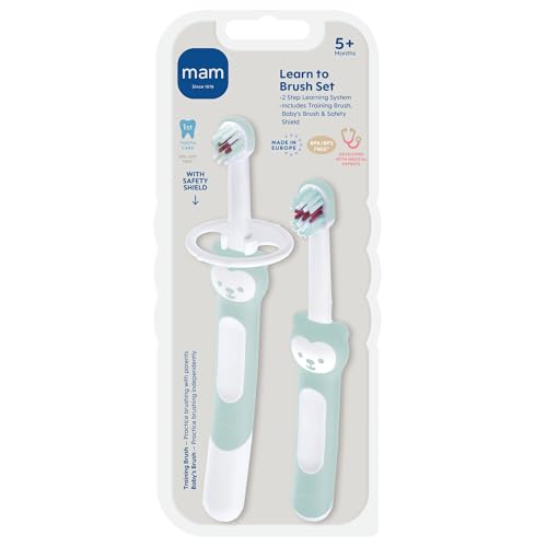 Image of MAM Learn to Brush Set (1 Baby's Brush Toothbrush, 1 Training Brush, 1 Safety Shield), Baby Toothbrushes with Brushy The Bear, Interactive App, for Boys 5+ Months, Blue