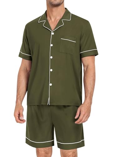 Image of SWOMOG Mens Pajama Set Short Sleeve 2 PCS Sleepwear Button Down Soft Loungewear Modal Set Pj Set with Pockets S-3XL