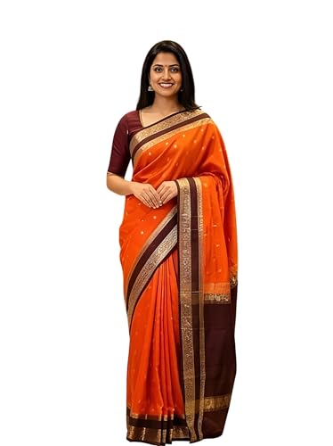 ZHANAKI VASTRA Vibrant Orange Mysore Crepe Silk Saree with Gold Circular Butta & Wine Zari Border Elegant Desi