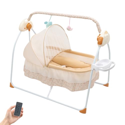 Zoobotanica Electric Baby Crib Cradle, Auto Swing Bed,Multifunctional Foldable Baby Swing Cradle with Bluetooth Music 5 Swaying Gears Remote Control,for 0-18 Months (Khaki)