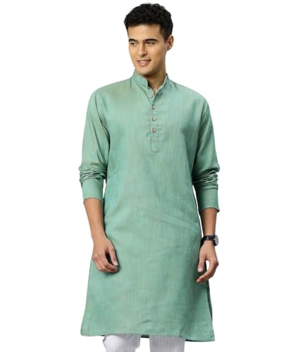 Image of Majestic Man Men's Cotton Regular Fit Traditional Mandarin Collar Ethnic Motifs Solid Long Kurta