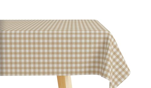 Mr. Hule | Mantel Vichy 350x140 cm Resinado Antimanchas e Impermeable de Loneta de Algodón | Mantel Vichy Beige Resistente y Fácil de Limpiar, Ideal para Cocina y Comedor y Corte a Medida