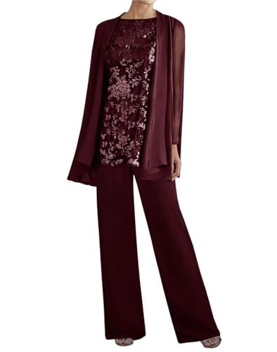 Image of 3 Pieces Mother of The Bride Dresses Pant Suits - Lace Chiffon Long Sleeve Grandmother Dresses with Jacket Dark Burgundy