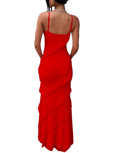 Image of HOCILLE Women's Sexy V Neck Backless Bodycon Spaghetti Strap Elegant Ruffle Maxi Cocktail Party Dresses