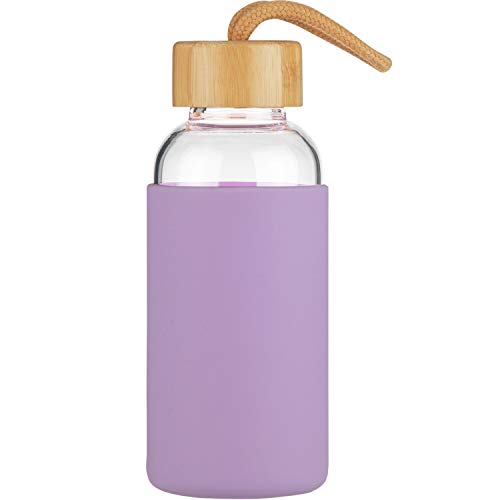 Justfwater Botella de Agua de Vidrio de Borosilicato Deportivo con Funda de Silicona y Tapa de Bambú a Prueba de Fugas 350ml