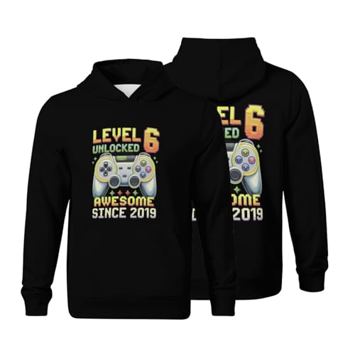Kids Level 6 Unlocked Awesome Since 2019 6th Birthday Gaming Boys Girls Lightweight Kangaroo Pocket Fleece Hoodies