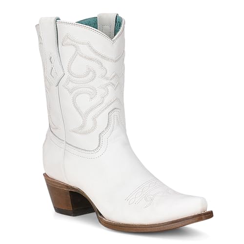 Corral Ladies Ld White Embroidery Ankle Boot, Snip Toe, Leather Sole, 7" Shaft, Cowhide Leather, Western Ankle Boot, White Z5071 Size2